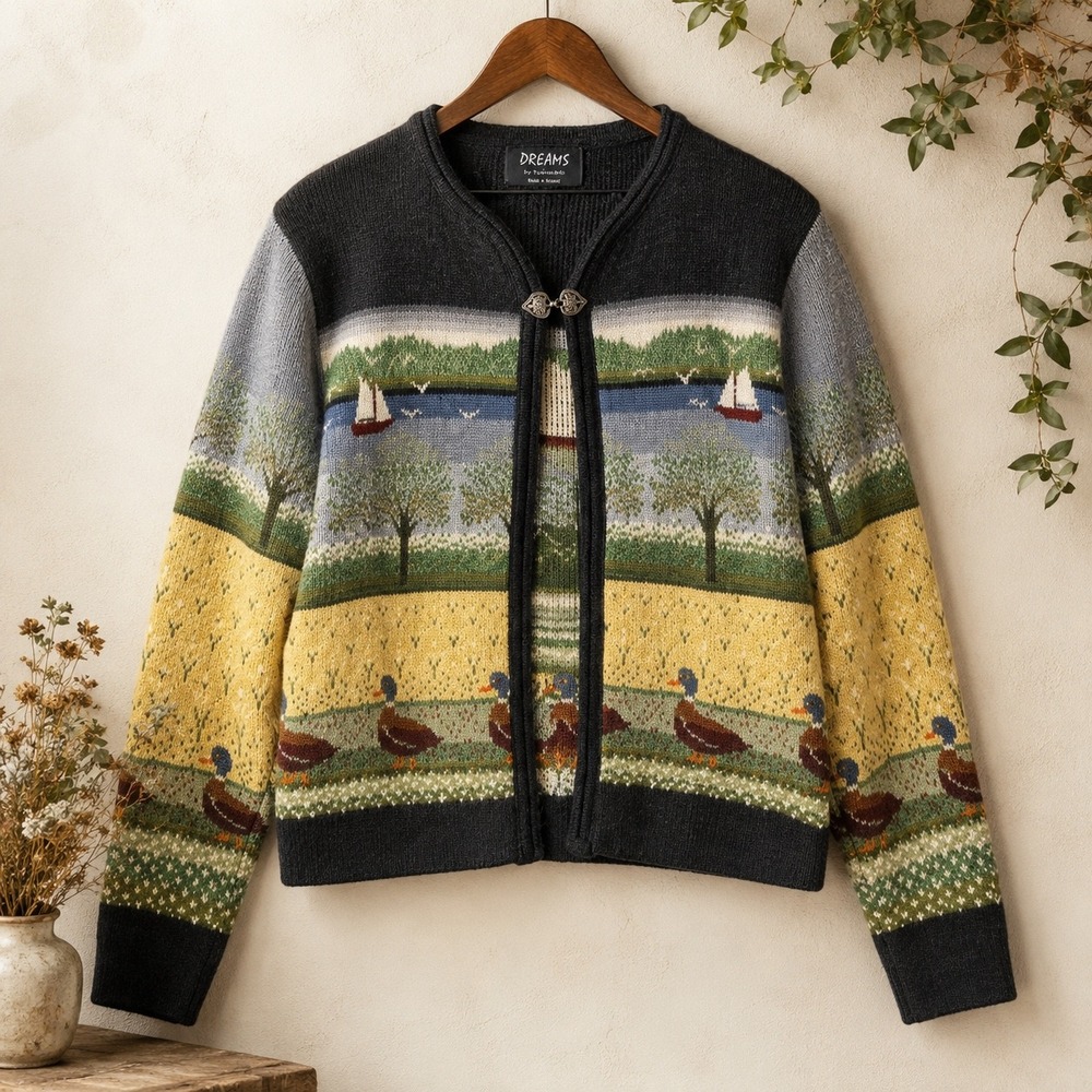 Vintage Wool Landscape Cardigan Mallard Duck Heart Clasp Dreams by Tuoriniemi S